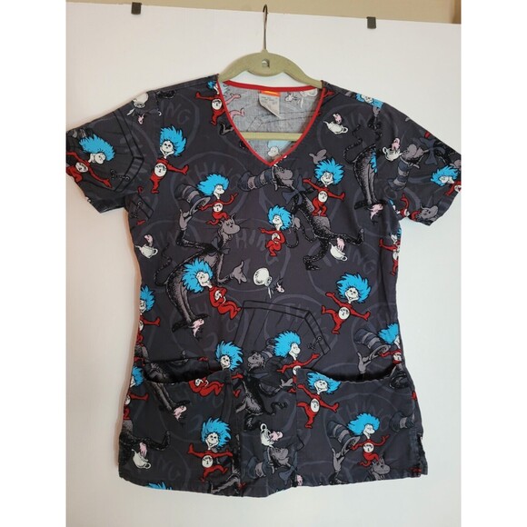 Scrubs Top Cartoon Dr. Seuss Thing 1 thing 2 Storybook XS - Picture 1 of 4